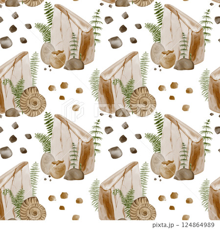 Seamless pattern with stone and dinosaur eggs, decorated with fern and pebbles. Fossils in the rock and prehistoric finds. Poleontology and the Jurassic era. Watercolor illustration. Hand drawing. Seamless pattern with stone and dinosaur eggs, decorated with fern and pebbles. Fossils in the rock and prehistoric finds. Poleontology and the Jurassic era. Watercolor illustration. Hand drawing. 124864989