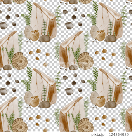 Seamless pattern with stone and dinosaur eggs, decorated with fern and pebbles. Fossils in the rock and prehistoric finds. Poleontology and the Jurassic era. Watercolor illustration. Hand drawing. Seamless pattern with stone and dinosaur eggs, decorated with fern and pebbles. Fossils in the rock and prehistoric finds. Poleontology and the Jurassic era. Watercolor illustration. Hand drawing. 124864989