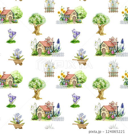 Spring season mood seamless pattern decoration element. Hand drawn watercolor illustration. Small cute vintage houses decorated with primrose flowers, daffodils, snowdrops, crocus on white background 124865221