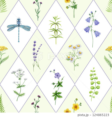 Summer mood wild flowers seamless pattern tile watercolor hand drawn vintage style illustration. Blue bell flower, lavender, chamomile, buttercup, fern leaves elements elegant floral pattern 124865223