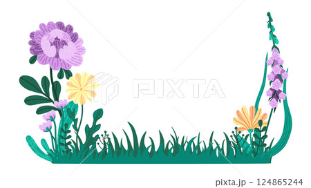 Rustic floral vector style. Peony, foxgloves, and wildflowers in purple spring colors. Decorative flower arrangement for cards, decorations or packaging. Ideal for wedding and floral design 124865244