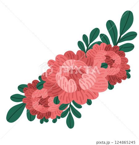 Vector botanical bunch with red peonies. Flat design flower composition with leaves. Elegant floral clipart for print or digital use. Illustration for wedding designs, cards, and floral branding 124865245