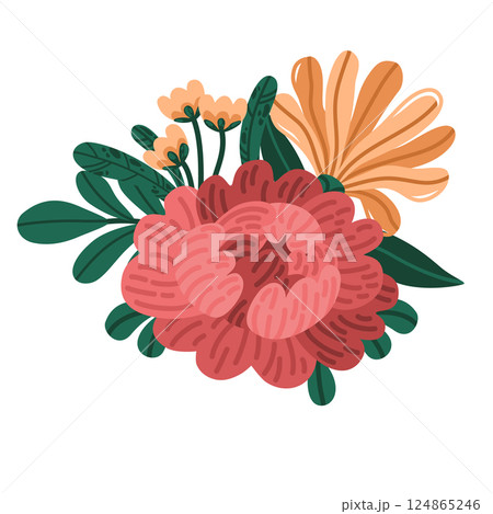 Rust red peony with orange and blush blooms. Vector bouquet of stylized flowers and green leaves. Botanical arrangement in flat cartoon style. Ideal for floral branding and design 124865246