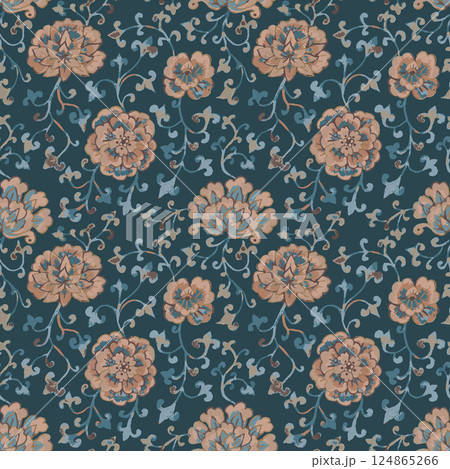 Watercolor style chinoiserie seamless pattern with brown flowers Watercolor style chinoiserie seamless pattern with brown flowers 124865266