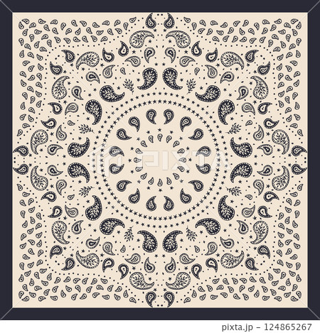 Black and white scarf or bandana design with paisley mandala pattern. Ethnic monochrome carpet design Black and white scarf or bandana design with paisley mandala pattern. Ethnic monochrome carpet design 124865267