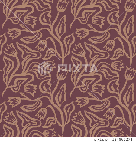 Brush strokes inky flowers brown seamless pattern Brush strokes inky flowers brown seamless pattern 124865271