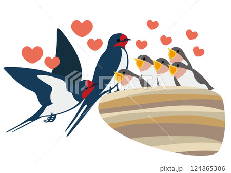 餌をねだるツバメの雛と親鳥のベクターイラストセット 124865306