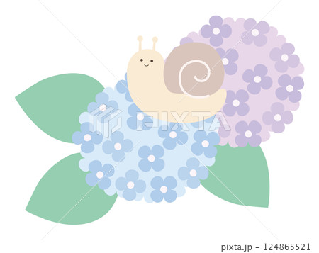 アジサイとかわいいカタツムリのベクターイラスト。梅雨 124865521
