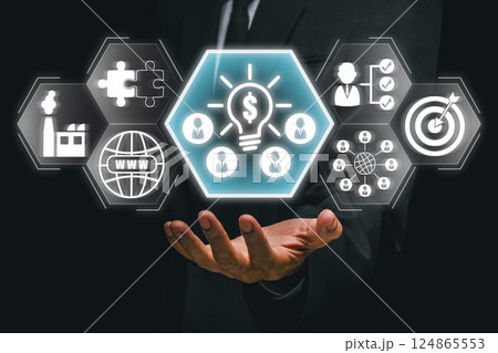 Visual representation of crowdsourcing with digital icons symbolizing teamwork, innovation, and idea sharing in business. Visual representation of crowdsourcing with digital icons symbolizing teamwork, innovation, and idea sharing in business. 124865553