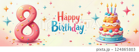 Colorful 8th birthday card with cake and candles. Colorful 8th birthday card with cake and candles. 124865803