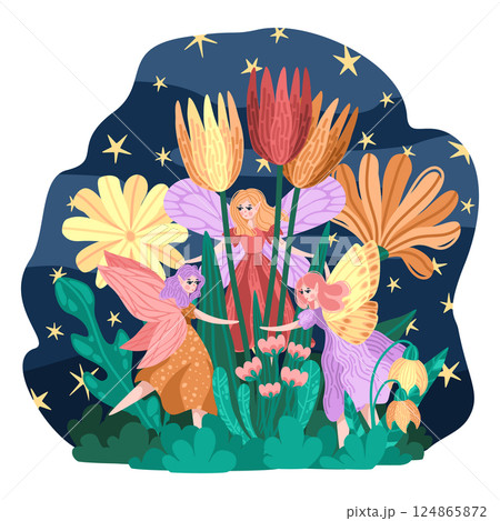 Vector of fairies dancing in fantasy garden with bright flowers. Starry night sky and lush foliage background. Magical garden scene with winged girls in round dance. Fairy tale prints and cards 124865872
