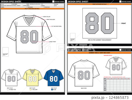 AMERICAN FOOTBALL JERSEY EASY EDITABLE EMPTY TECHPACK MEASUREMENT LAYOUT TEMPLATE 124865873