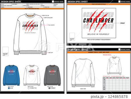 SWEATSHIRT CHALLENGE STREETWEAR T SHIRT TECHPACK MEASUREMENT LAYOUT TEMPLATE DESIGN.eps 124865878