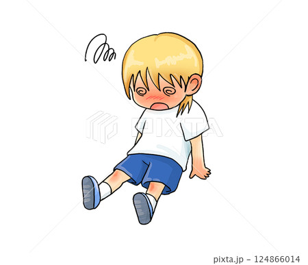 熱中症などで座り込む体調不良の金髪のおとこのこ 124866014