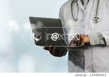 doctor show plese Contact Us line contact hand . doctor show plese Contact Us line contact hand . 124866631