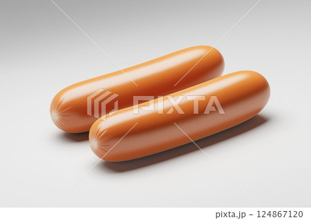Two smooth tasty sausages rest on clean surface, showcasing appetizing appearance 124867120