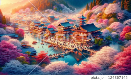 夕日に照らされる金閣寺 124867143