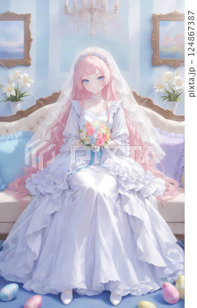 イースターの花嫁。アンティークな椅子に座るピンクの髪の少女／水彩タッチの漫画風AIイラスト 124867387