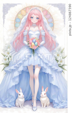 イースターの花嫁。ウェディングドレスを着たピンクの髪の少女／水彩タッチの漫画風AIイラスト 124867390