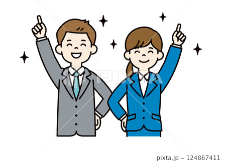 目標達成を喜ぶ、若い男女の会社員のベクターイラスト素材＿＿線の編集可能＿カラー 124867411