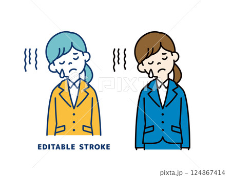 涙を流して悲しむ、若い女性会社員のベクターイラスト素材＿線の編集可能 124867414