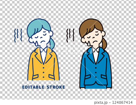 涙を流して悲しむ、若い女性会社員のベクターイラスト素材＿線の編集可能 124867414