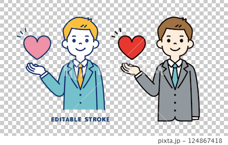 Vector illustration of a young businessman holding a heart in one hand_Line editable 124867418