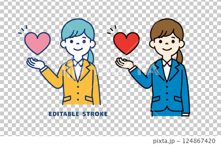 片手にハートを持つ、若い女性会社員のベクターイラスト素材＿線の編集可能 124867420