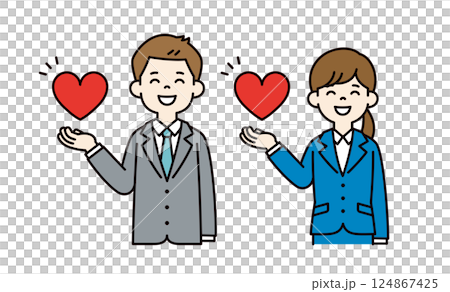 向量插圖集的年輕男性和女性辦公室職員微笑著，做著愛心_線條可編輯_顏色 124867425