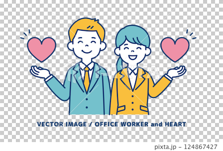 Vector illustration of young male and female office workers smiling and making hearts - line editable 124867427