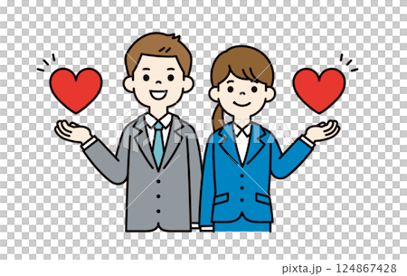 Vector illustration of young male and female office workers holding a heart in one hand_Line editable_Color Vector illustration of young male and female office workers holding a heart in one hand_Line editable_Color 124867428