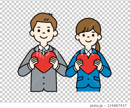 Vector illustration of young male and female office workers holding hearts in both hands_Line editable_Color Vector illustration of young male and female office workers holding hearts in both hands_Line editable_Color 124867437