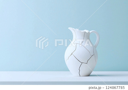 Artistically cracked jug with water,symbolizing the preciousness and fragility of valuable resources Artistically cracked jug with water,symbolizing the preciousness and fragility of valuable resources 124867785