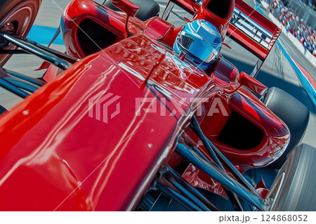 Formula One racing car rushes along the race track at high speed against the background of the stands 124868052