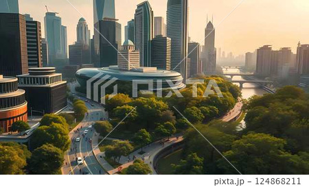 panorama of skyscrapers in the evening 124868211