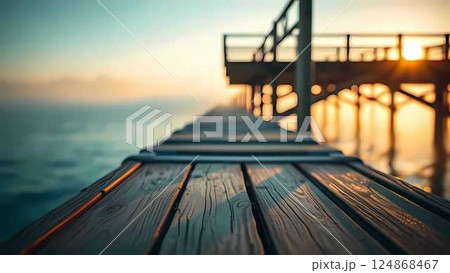 wood table top on blurred beach background 124868467