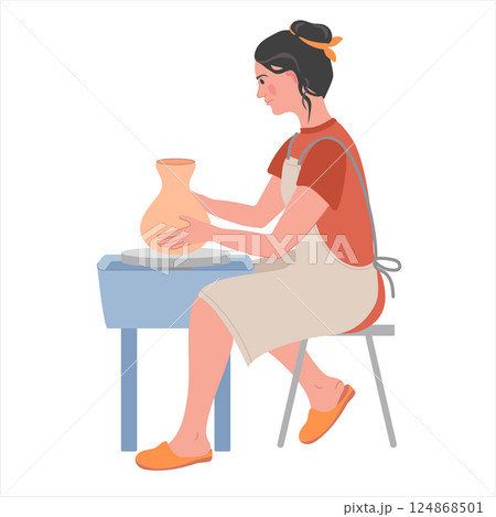 Vector illustration of a woman who molds a clay vase on a potter's wheel. Ceramics is a good art therapy for adults. for finding harmony. 124868501