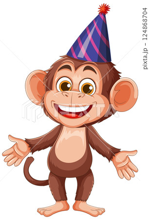 Cheerful Monkey with Party Hat Illustration 124868704
