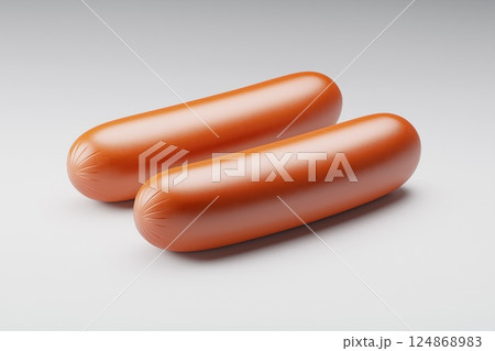 Two tasty sausages rest on clean surface, showcasing appetizing appearance 124868983
