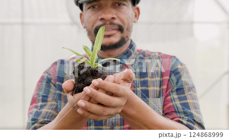 Confident farmer man showing compacted soil with children green lettuce, farming holding hand just taking from ground and lettuce, Agriculture farming Confident farmer man showing compacted soil with children green lettuce, farming holding hand just taking from ground and lettuce, Agriculture farming 124868999