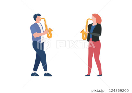 Man and woman are playing jazz music on saxophone over white background Man and woman are playing jazz music on saxophone over white background 124869200
