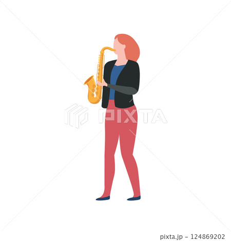 Woman playing jazz music on saxophone. Woman playing jazz music on saxophone. 124869202