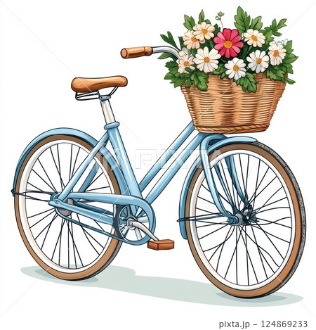 Light blue bicycle with flower basket. 124869233