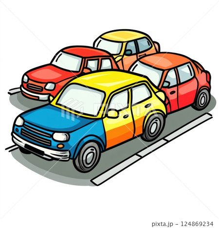 Three colorful cars parked in a lot. 124869234