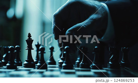 Close-up of a hand moving a chess piece. 124869253