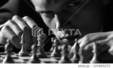 Intense man playing chess, close-up. 124869255