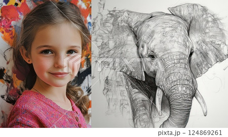 Girl and elephant pencil sketch art. 124869261