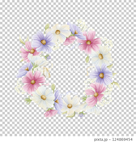 Pastel wildflowers round wreath watercolor illustration. Pastel pink, purple and white cosmos flowers crown with butterfly and ribbons. Spring garden blooming plants circle frame. Floral clip art 124869454