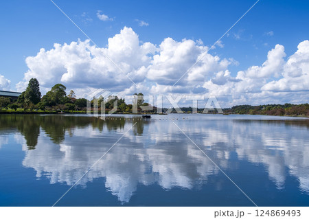 秋の千波湖湖畔と湖水に写秋の雲と空 秋の千波湖湖畔と湖水に写秋の雲と空 124869493