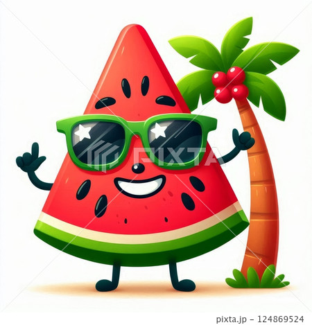 Anthropomorphic watermelon slice wearing sunglasses, smiling, and standing near palm tree. Cartoon summer vacation character illustration 124869524
